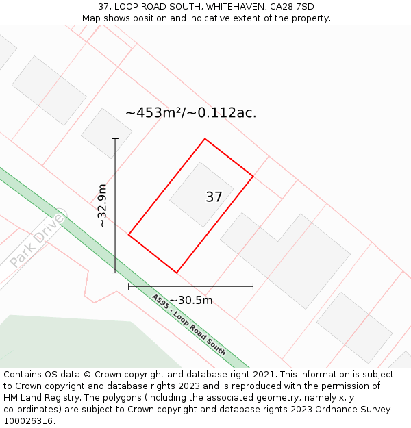 37, LOOP ROAD SOUTH, WHITEHAVEN, CA28 7SD: Plot and title map