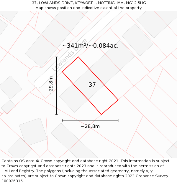 37, LOWLANDS DRIVE, KEYWORTH, NOTTINGHAM, NG12 5HG: Plot and title map