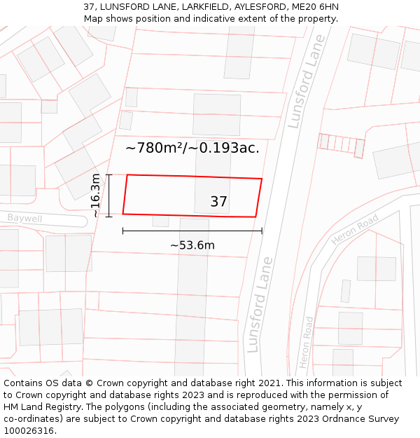 37, LUNSFORD LANE, LARKFIELD, AYLESFORD, ME20 6HN: Plot and title map