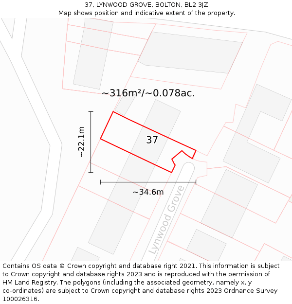 37, LYNWOOD GROVE, BOLTON, BL2 3JZ: Plot and title map
