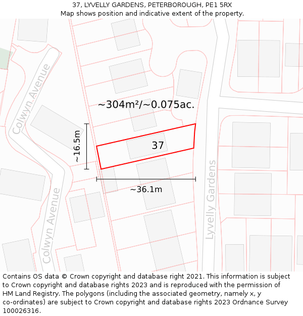 37, LYVELLY GARDENS, PETERBOROUGH, PE1 5RX: Plot and title map
