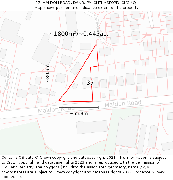 37, MALDON ROAD, DANBURY, CHELMSFORD, CM3 4QL: Plot and title map