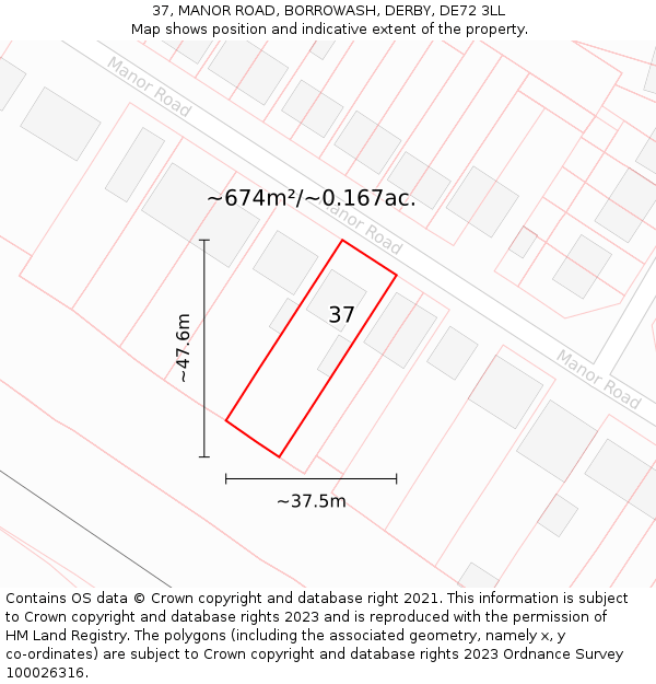37, MANOR ROAD, BORROWASH, DERBY, DE72 3LL: Plot and title map