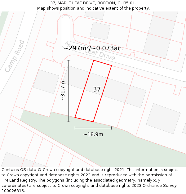 37, MAPLE LEAF DRIVE, BORDON, GU35 0JU: Plot and title map