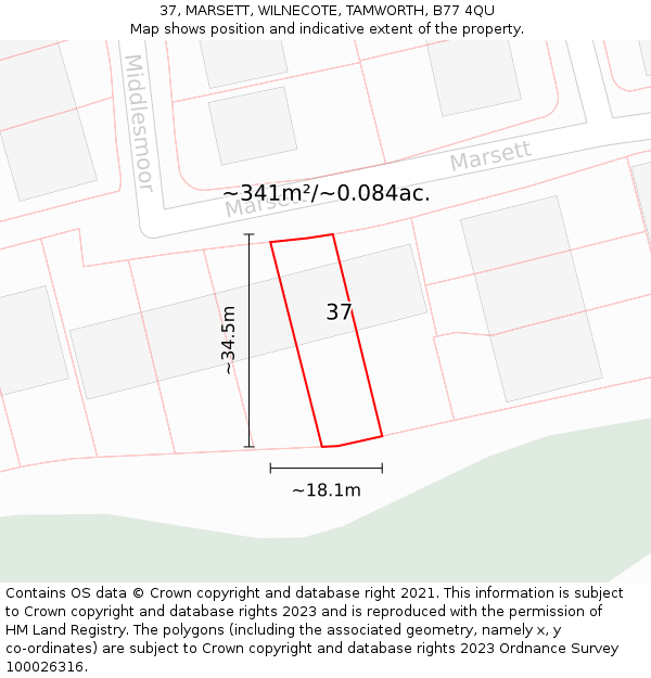 37, MARSETT, WILNECOTE, TAMWORTH, B77 4QU: Plot and title map