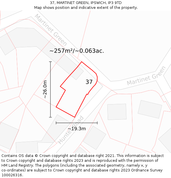 37, MARTINET GREEN, IPSWICH, IP3 9TD: Plot and title map