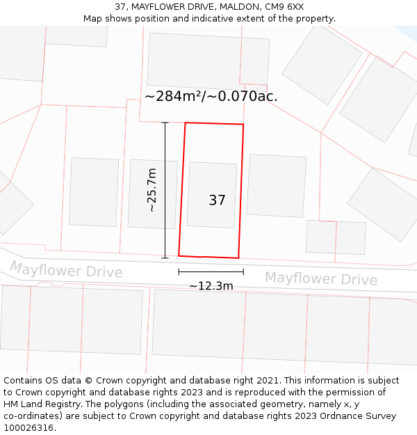 37, MAYFLOWER DRIVE, MALDON, CM9 6XX: Plot and title map