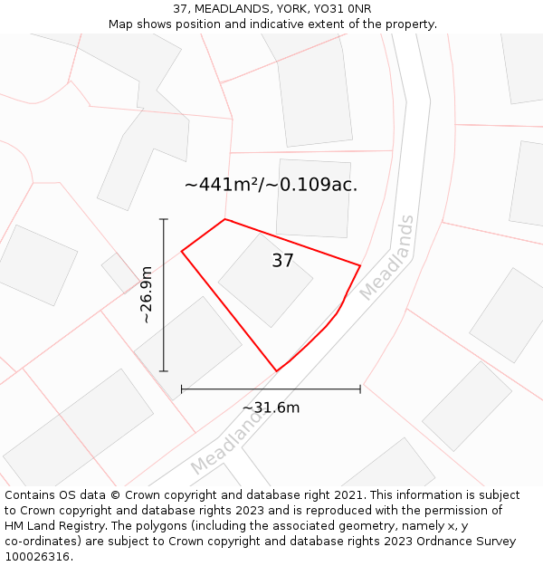 37, MEADLANDS, YORK, YO31 0NR: Plot and title map