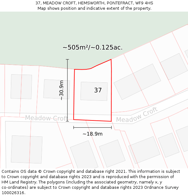 37, MEADOW CROFT, HEMSWORTH, PONTEFRACT, WF9 4HS: Plot and title map