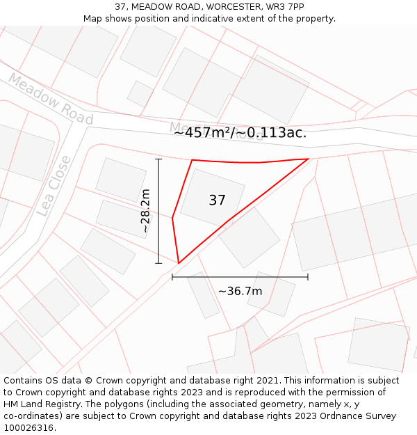37, MEADOW ROAD, WORCESTER, WR3 7PP: Plot and title map