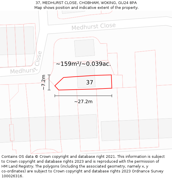 37, MEDHURST CLOSE, CHOBHAM, WOKING, GU24 8PA: Plot and title map