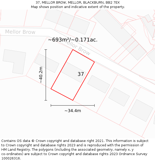 37, MELLOR BROW, MELLOR, BLACKBURN, BB2 7EX: Plot and title map