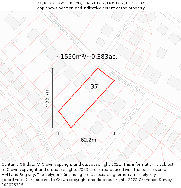 37, MIDDLEGATE ROAD, FRAMPTON, BOSTON, PE20 1BX: Plot and title map