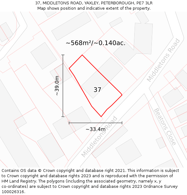37, MIDDLETONS ROAD, YAXLEY, PETERBOROUGH, PE7 3LR: Plot and title map
