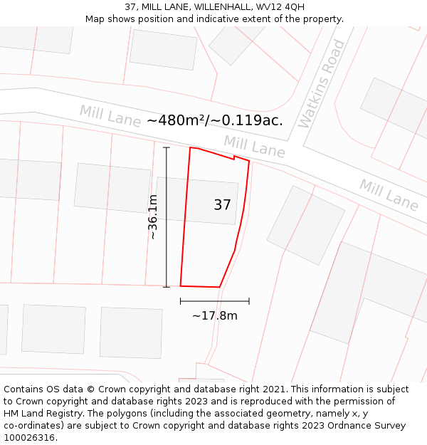 37, MILL LANE, WILLENHALL, WV12 4QH: Plot and title map