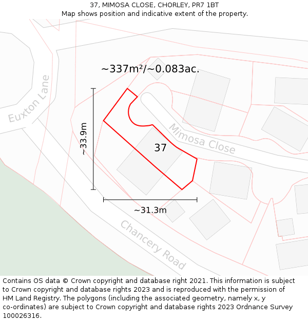 37, MIMOSA CLOSE, CHORLEY, PR7 1BT: Plot and title map