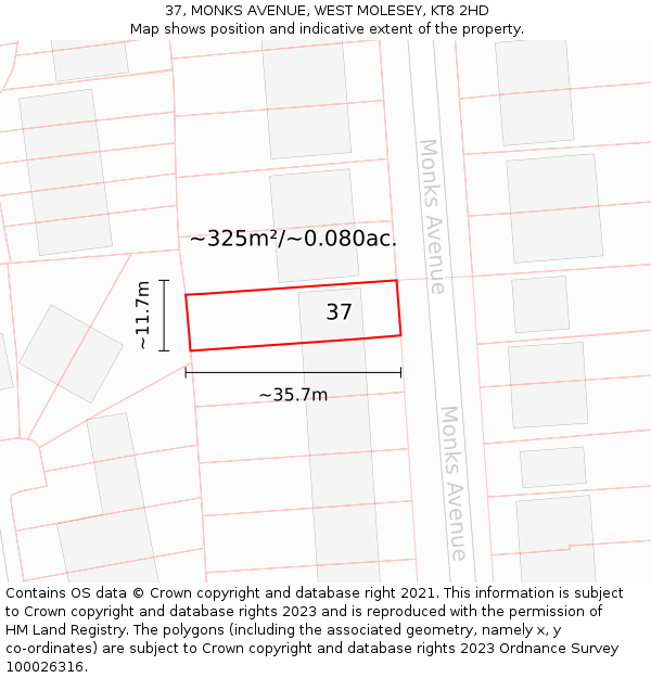 37, MONKS AVENUE, WEST MOLESEY, KT8 2HD: Plot and title map