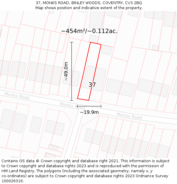 37, MONKS ROAD, BINLEY WOODS, COVENTRY, CV3 2BQ: Plot and title map