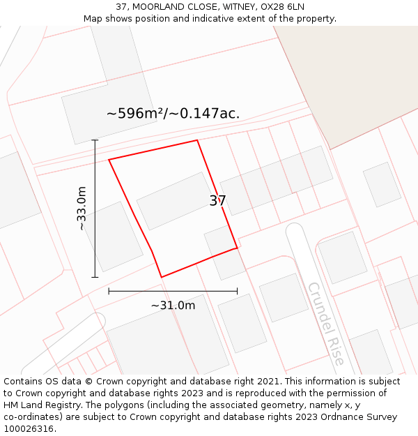 37, MOORLAND CLOSE, WITNEY, OX28 6LN: Plot and title map