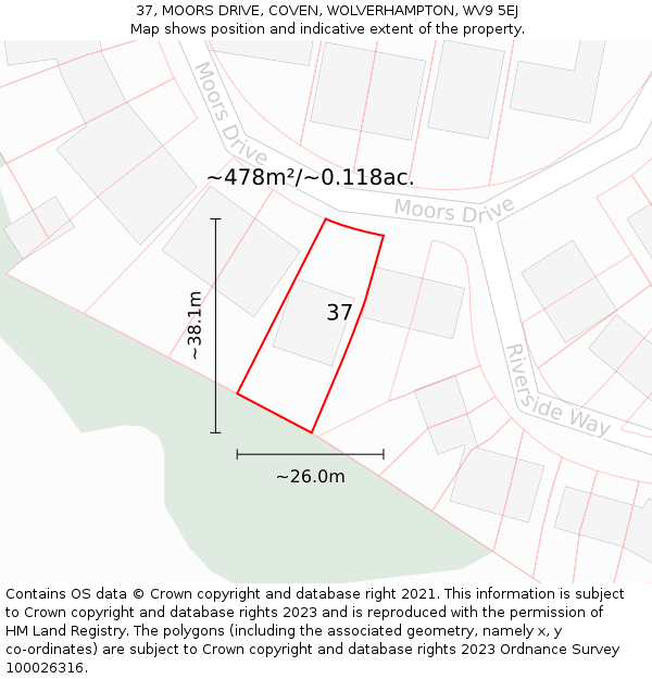 37, MOORS DRIVE, COVEN, WOLVERHAMPTON, WV9 5EJ: Plot and title map