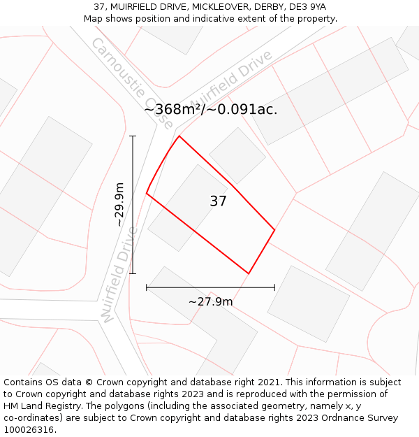 37, MUIRFIELD DRIVE, MICKLEOVER, DERBY, DE3 9YA: Plot and title map