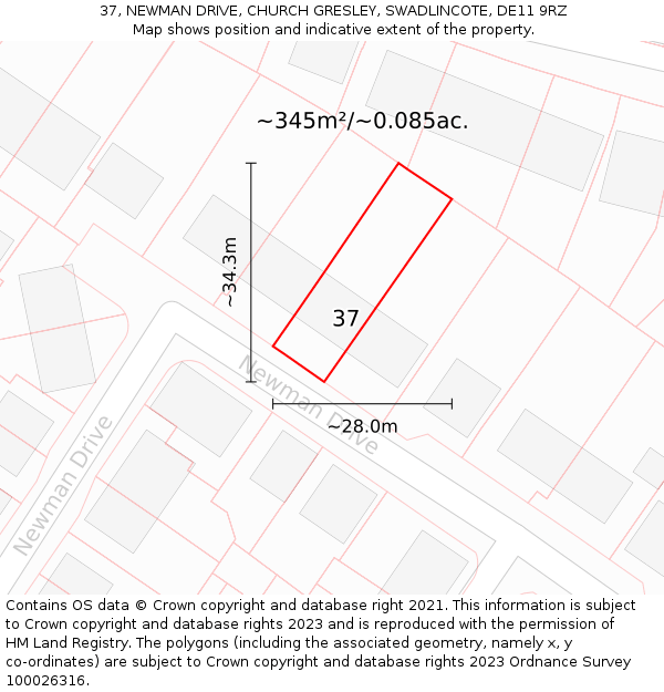 37, NEWMAN DRIVE, CHURCH GRESLEY, SWADLINCOTE, DE11 9RZ: Plot and title map
