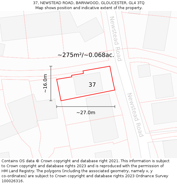 37, NEWSTEAD ROAD, BARNWOOD, GLOUCESTER, GL4 3TQ: Plot and title map