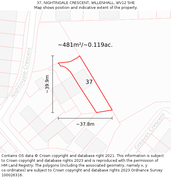 37, NIGHTINGALE CRESCENT, WILLENHALL, WV12 5HE: Plot and title map