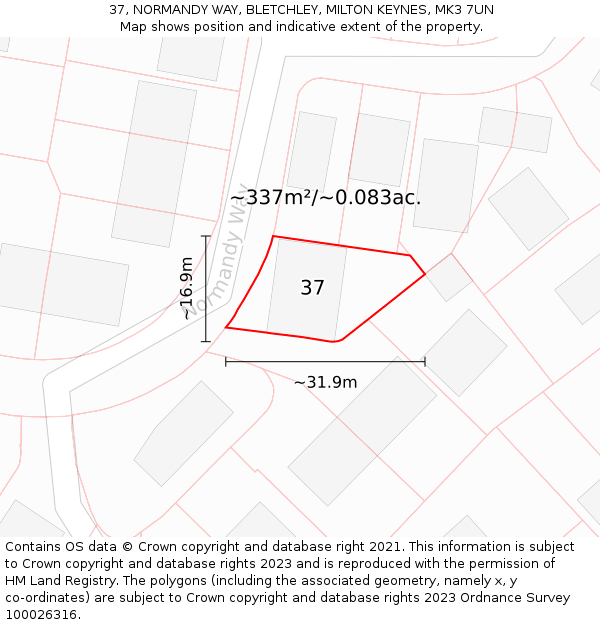37, NORMANDY WAY, BLETCHLEY, MILTON KEYNES, MK3 7UN: Plot and title map