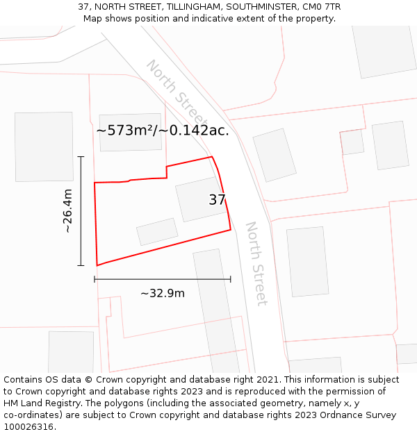 37, NORTH STREET, TILLINGHAM, SOUTHMINSTER, CM0 7TR: Plot and title map