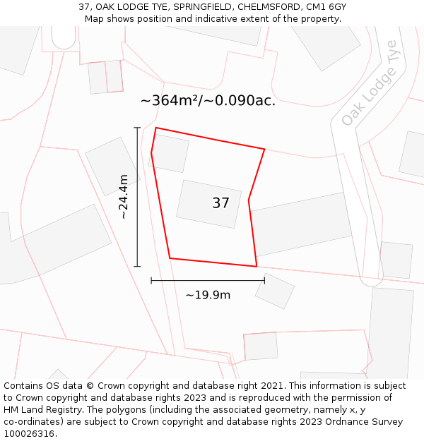 37, OAK LODGE TYE, SPRINGFIELD, CHELMSFORD, CM1 6GY: Plot and title map