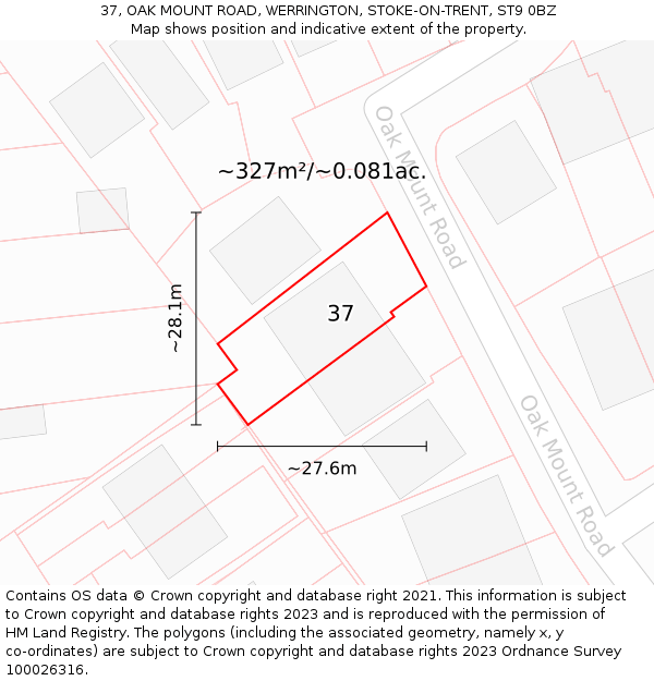 37, OAK MOUNT ROAD, WERRINGTON, STOKE-ON-TRENT, ST9 0BZ: Plot and title map