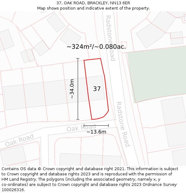 37, OAK ROAD, BRACKLEY, NN13 6ER: Plot and title map