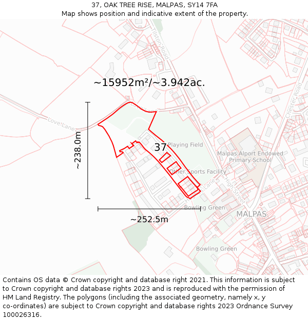 37, OAK TREE RISE, MALPAS, SY14 7FA: Plot and title map