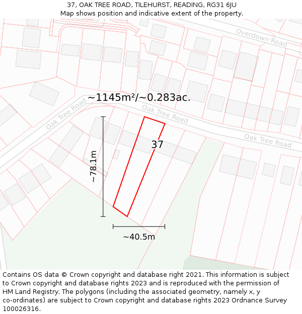 37, OAK TREE ROAD, TILEHURST, READING, RG31 6JU: Plot and title map