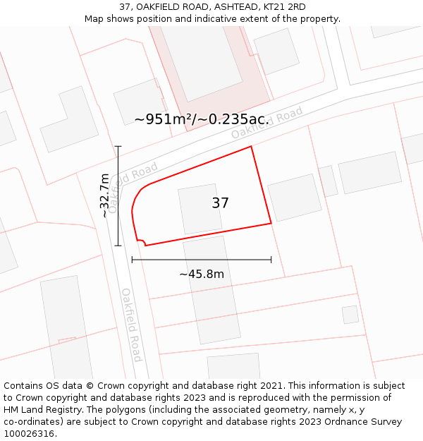 37, OAKFIELD ROAD, ASHTEAD, KT21 2RD: Plot and title map