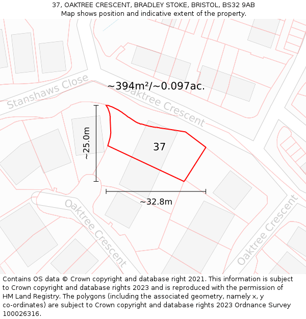 37, OAKTREE CRESCENT, BRADLEY STOKE, BRISTOL, BS32 9AB: Plot and title map