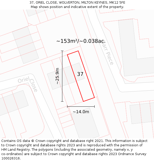 37, ORIEL CLOSE, WOLVERTON, MILTON KEYNES, MK12 5FE: Plot and title map
