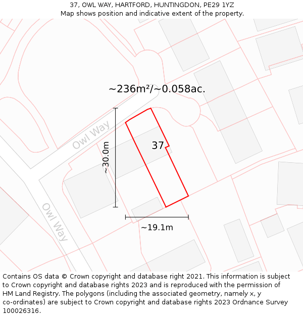 37, OWL WAY, HARTFORD, HUNTINGDON, PE29 1YZ: Plot and title map