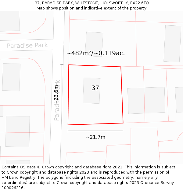 37, PARADISE PARK, WHITSTONE, HOLSWORTHY, EX22 6TQ: Plot and title map