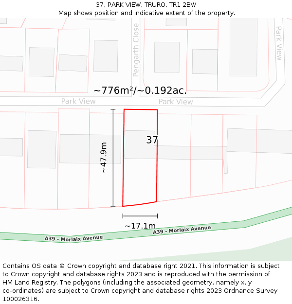 37, PARK VIEW, TRURO, TR1 2BW: Plot and title map