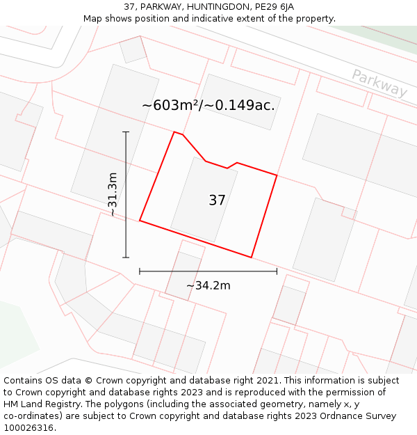 37, PARKWAY, HUNTINGDON, PE29 6JA: Plot and title map