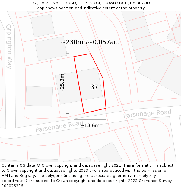 37, PARSONAGE ROAD, HILPERTON, TROWBRIDGE, BA14 7UD: Plot and title map