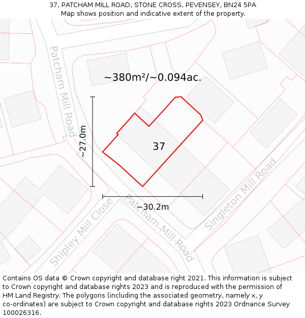 37, PATCHAM MILL ROAD, STONE CROSS, PEVENSEY, BN24 5PA: Plot and title map