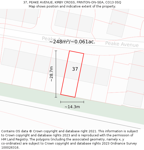 37, PEAKE AVENUE, KIRBY CROSS, FRINTON-ON-SEA, CO13 0SQ: Plot and title map