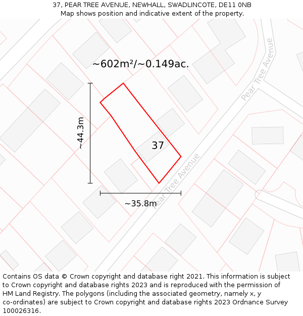 37, PEAR TREE AVENUE, NEWHALL, SWADLINCOTE, DE11 0NB: Plot and title map