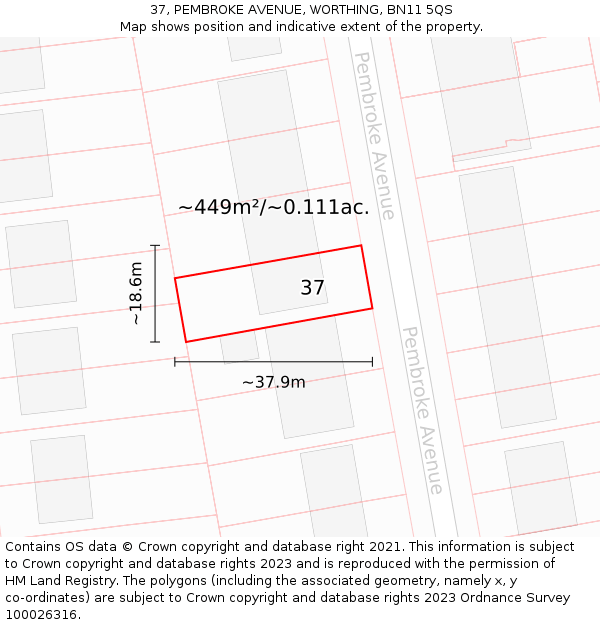 37, PEMBROKE AVENUE, WORTHING, BN11 5QS: Plot and title map