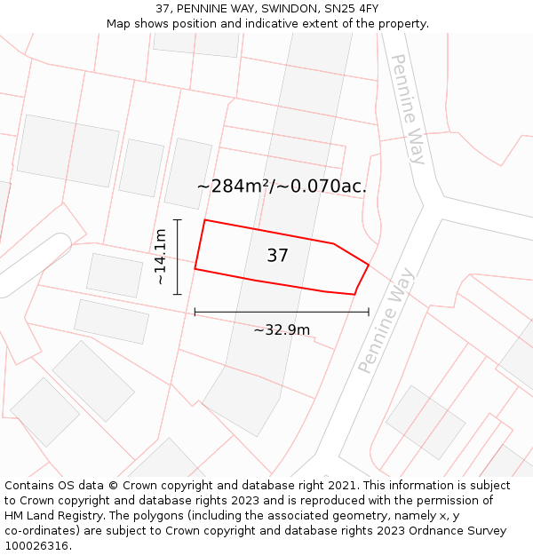 37, PENNINE WAY, SWINDON, SN25 4FY: Plot and title map