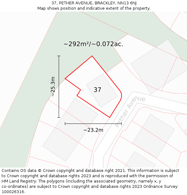 37, PETHER AVENUE, BRACKLEY, NN13 6NJ: Plot and title map