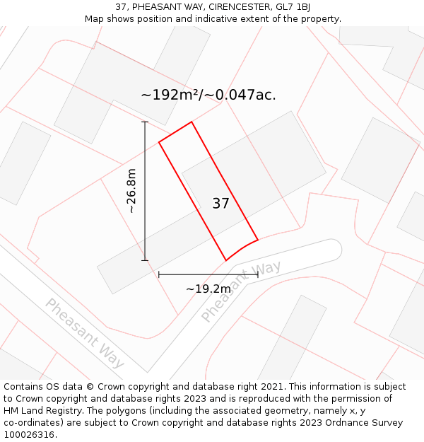 37, PHEASANT WAY, CIRENCESTER, GL7 1BJ: Plot and title map